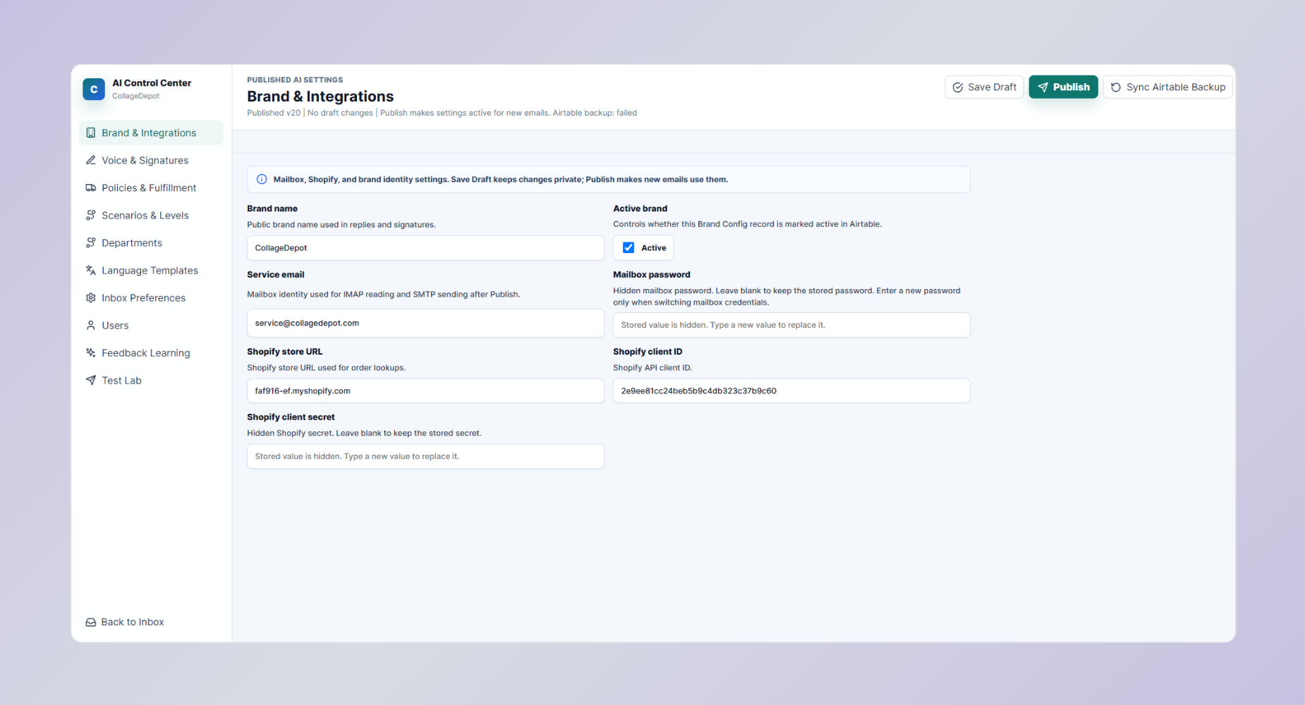CollageDepot AI control center with mailbox and Shopify integrations