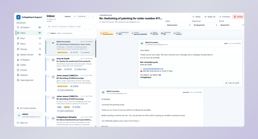 AI support inbox for CollageDepot showing ticket classification, confidence and a prepared response