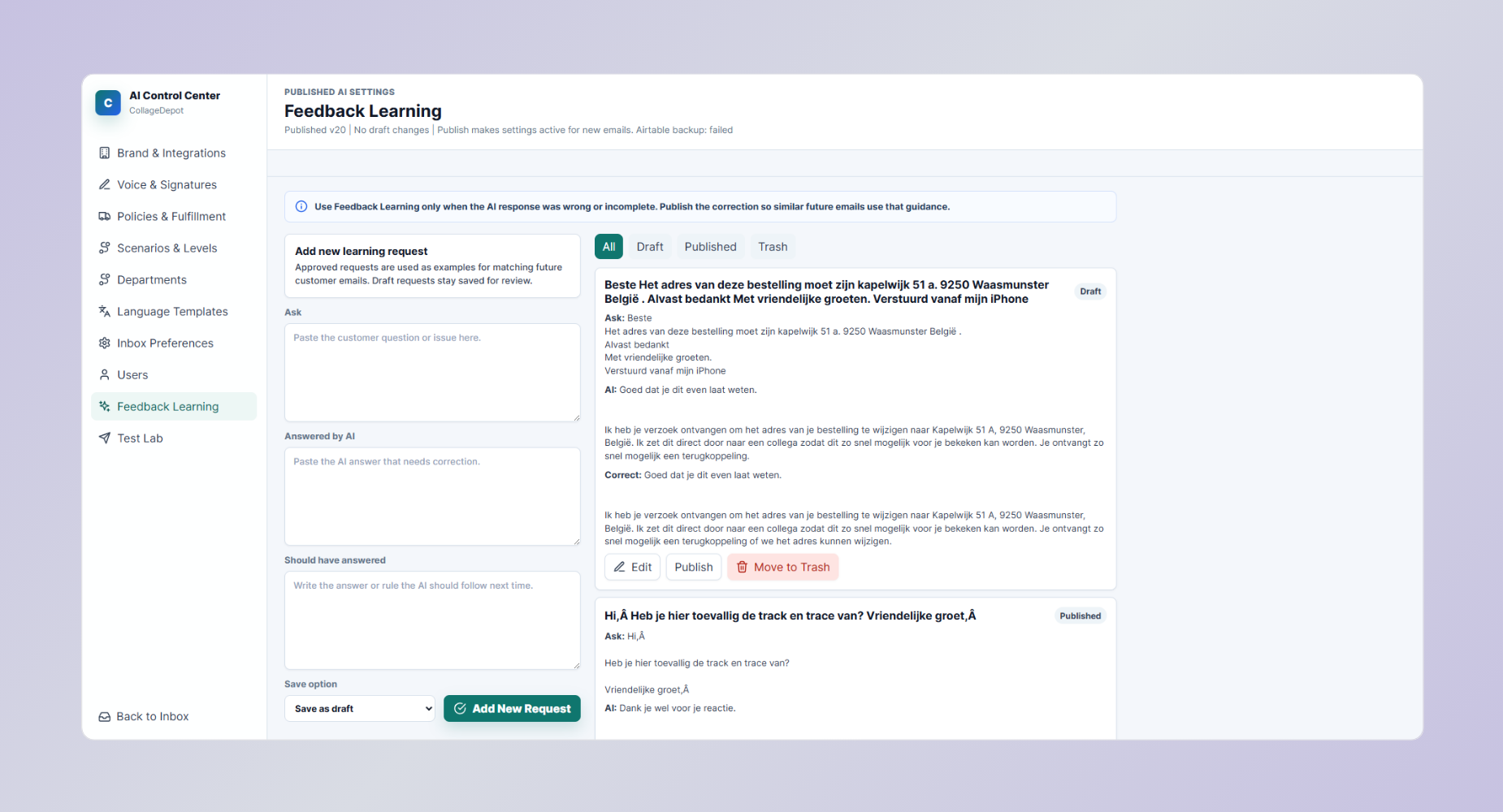 Feedback learning dashboard for reviewing and publishing AI support corrections