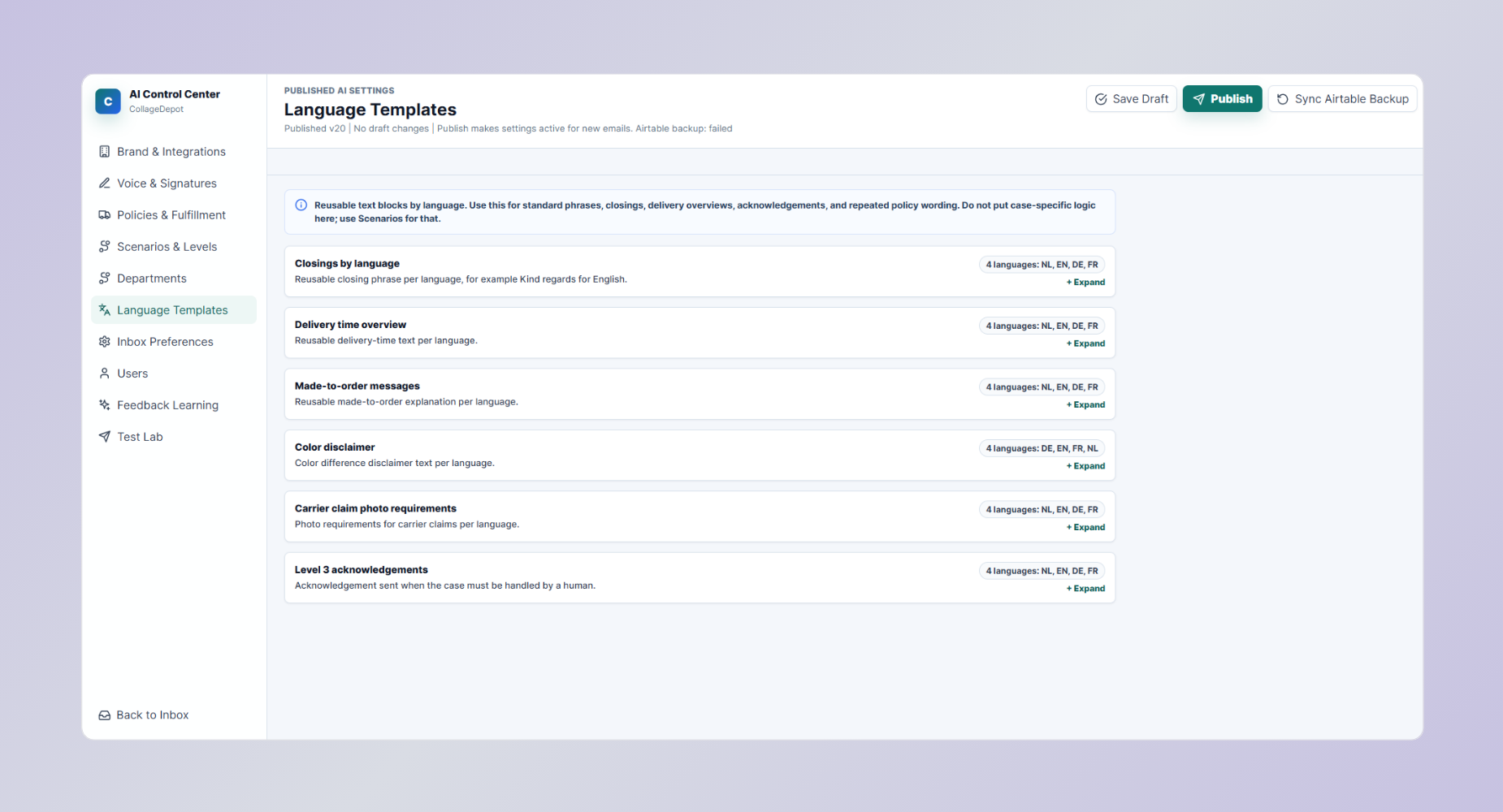 Multilingual response templates used by the CollageDepot support workflow