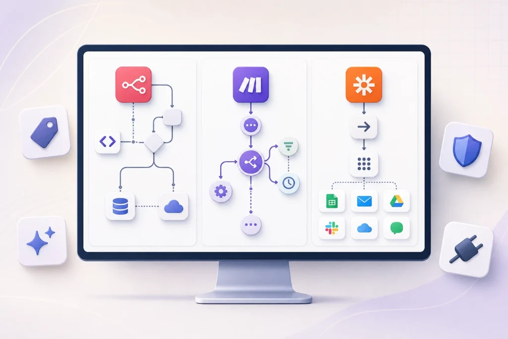 Visual comparison of n8n, Make and Zapier for AI automation workflows