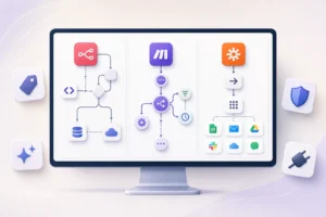 Visual comparison of n8n, Make and Zapier for AI automation workflows