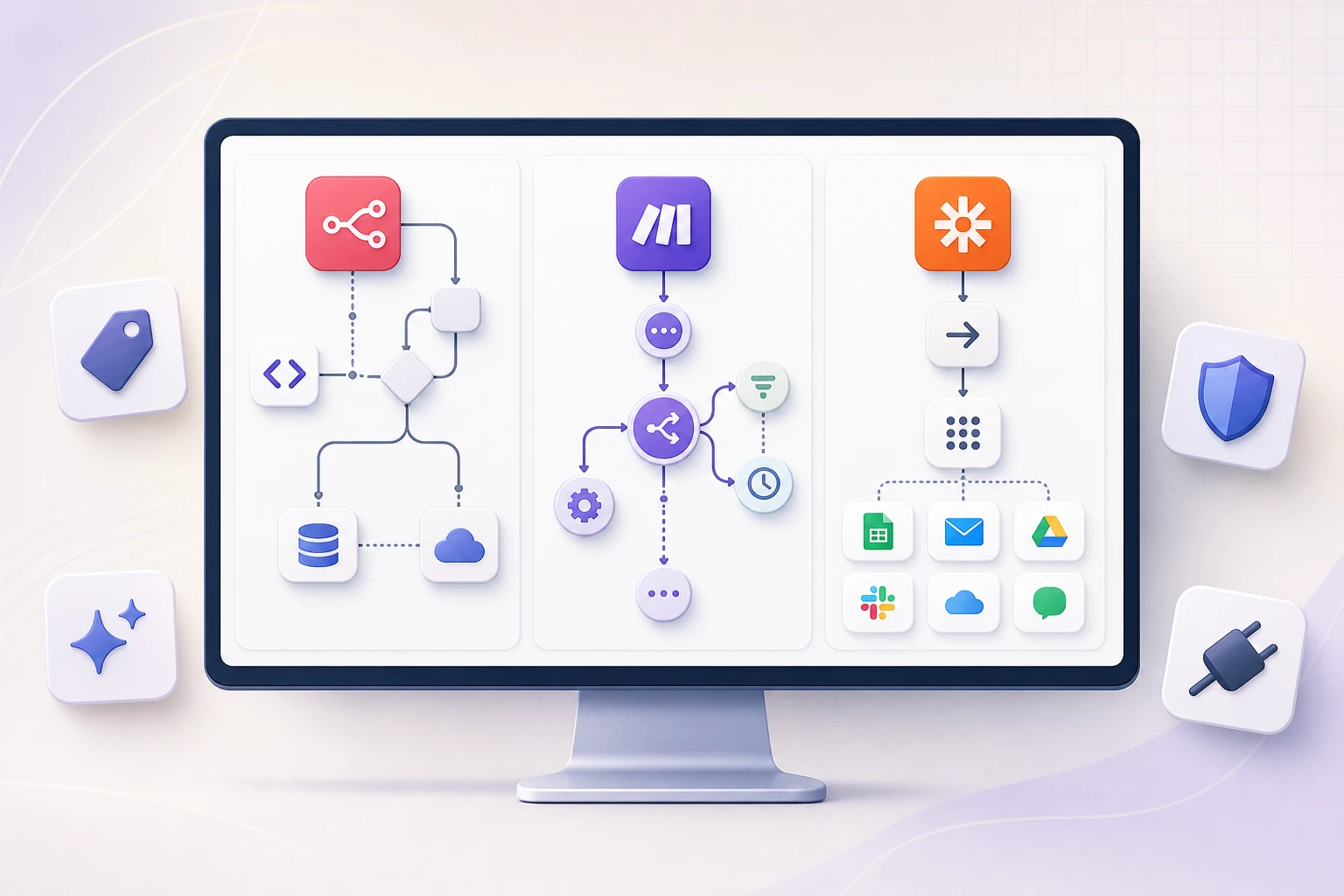 Visual comparison of n8n, Make and Zapier for AI automation workflows
